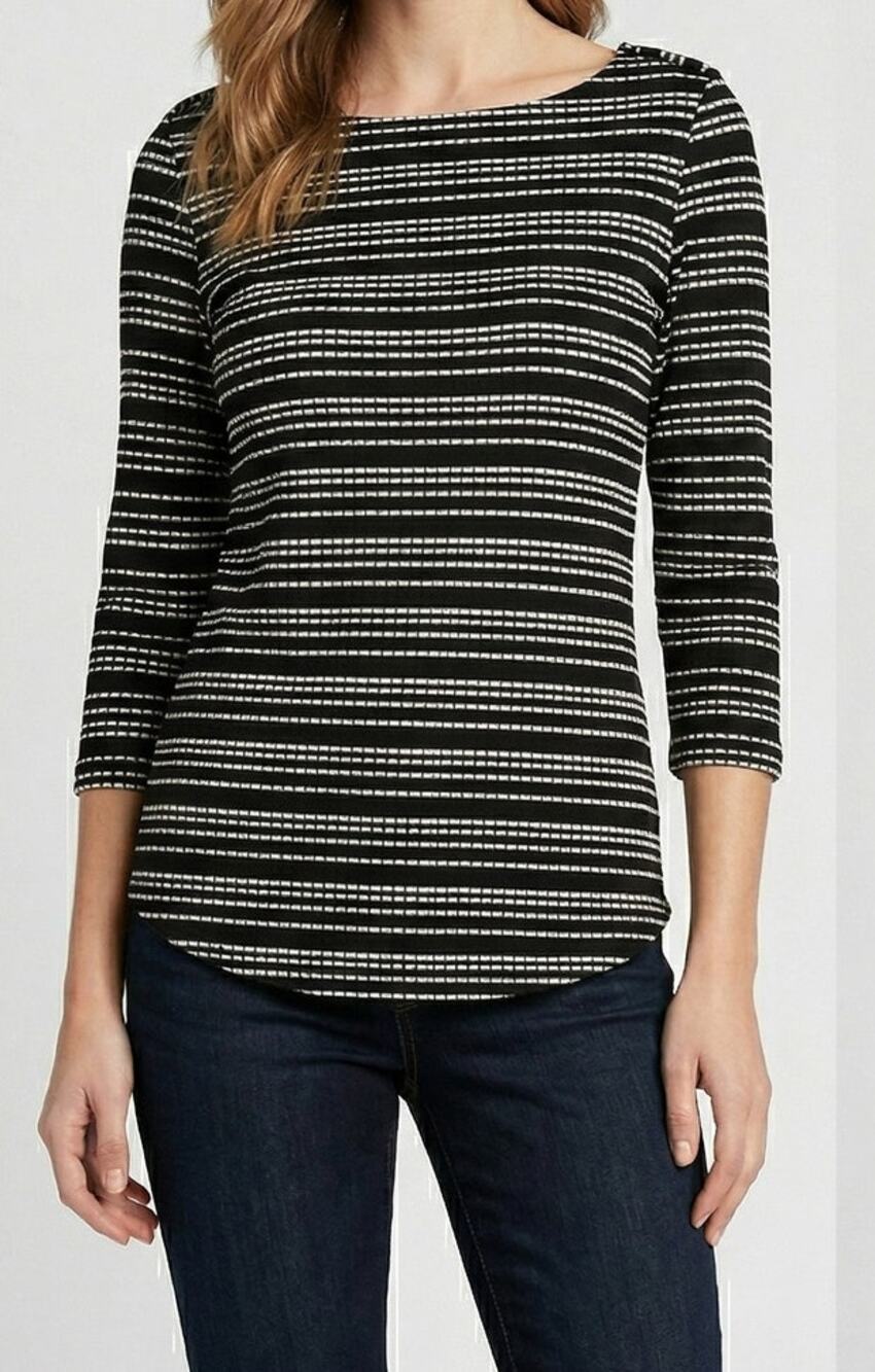 Lemon TART Small Top Black White Stripe 3/4 Sleeve Boat Neck